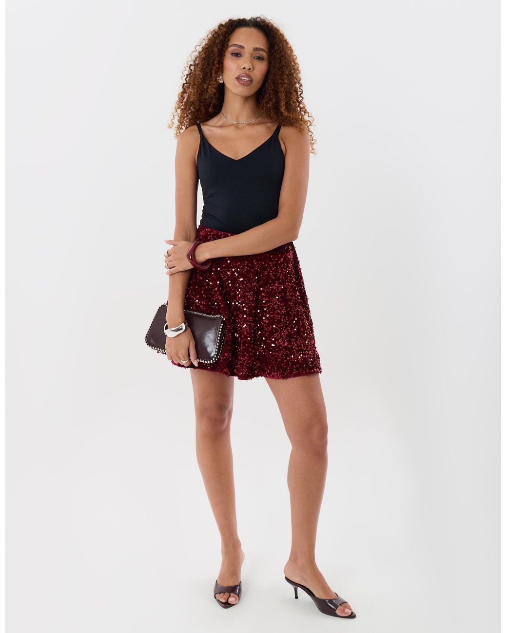 Threadbare Red Sequin Mini Swing Skirt