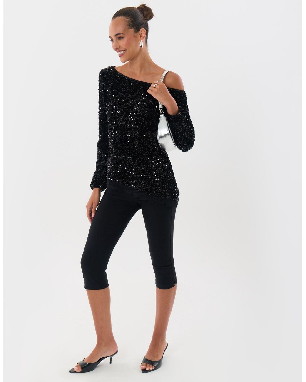 Threadbare Black Sequin Asymmetric Top