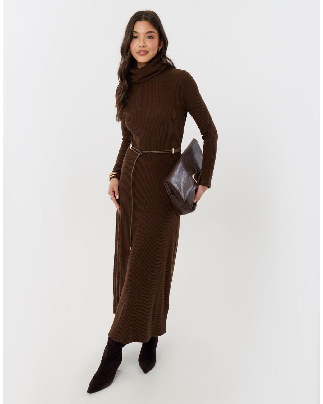 Threadbare Brown Ribbed Roll Neck Maxi Dress With Belt