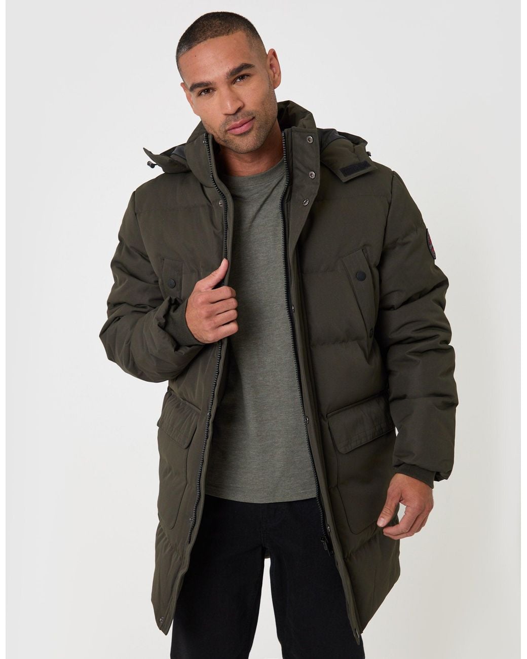Threadbare Gray Showerproof Hooded Puffer Coat With Adjustable Waist for men