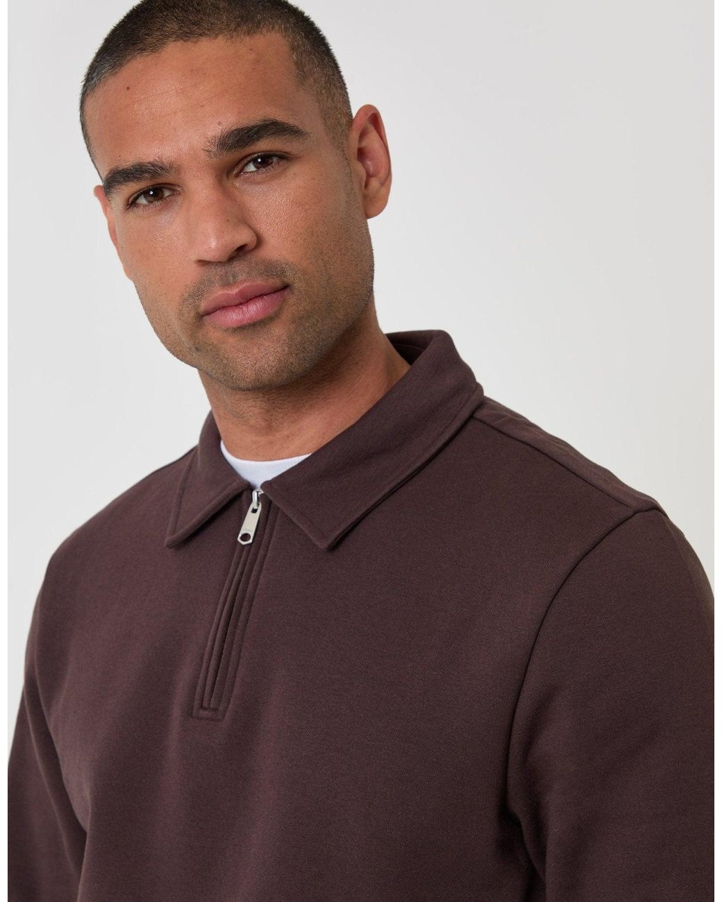 Threadbare Purple Cotton Rich Quarter Zip Polo Sweatshirt for men