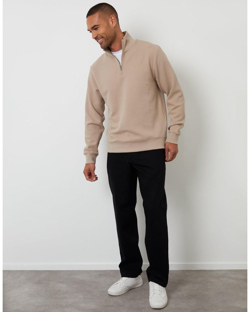 Threadbare Natural Textured Quarter Zip Sweatshirt for men