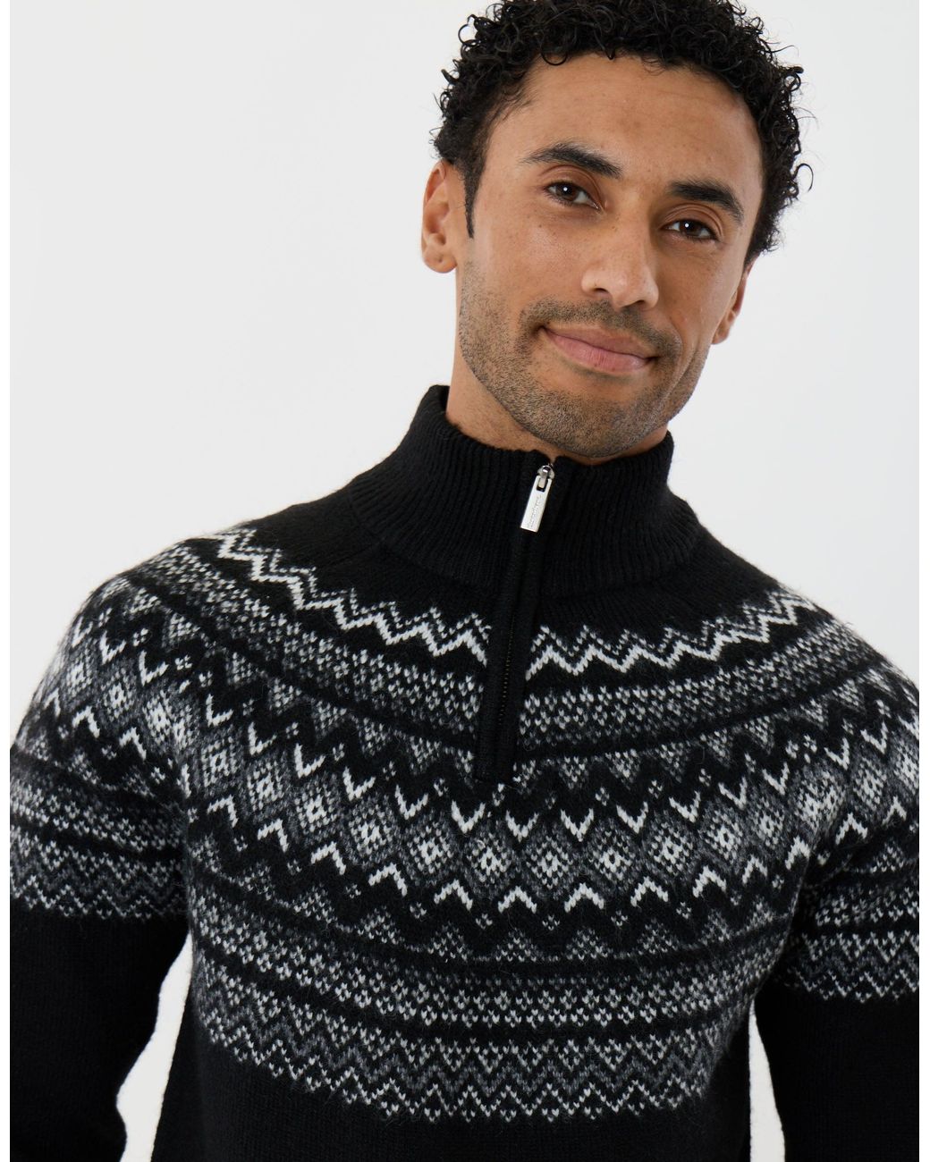 Threadbare Black Fairisle Quarter Zip Knitted Jumper for men