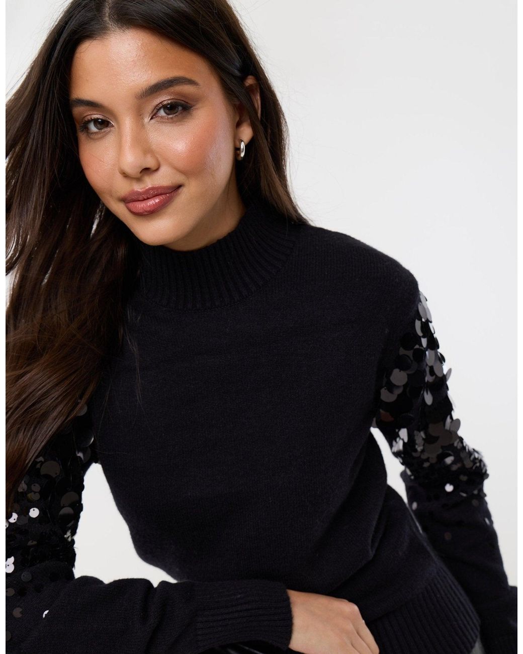 Threadbare Black Funnel Neck Jumper With Sequin Sleeves