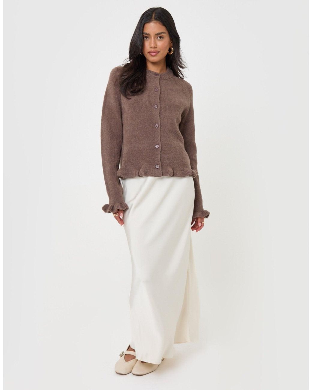 Threadbare Brown Crew Neck Ruffle Cardigan