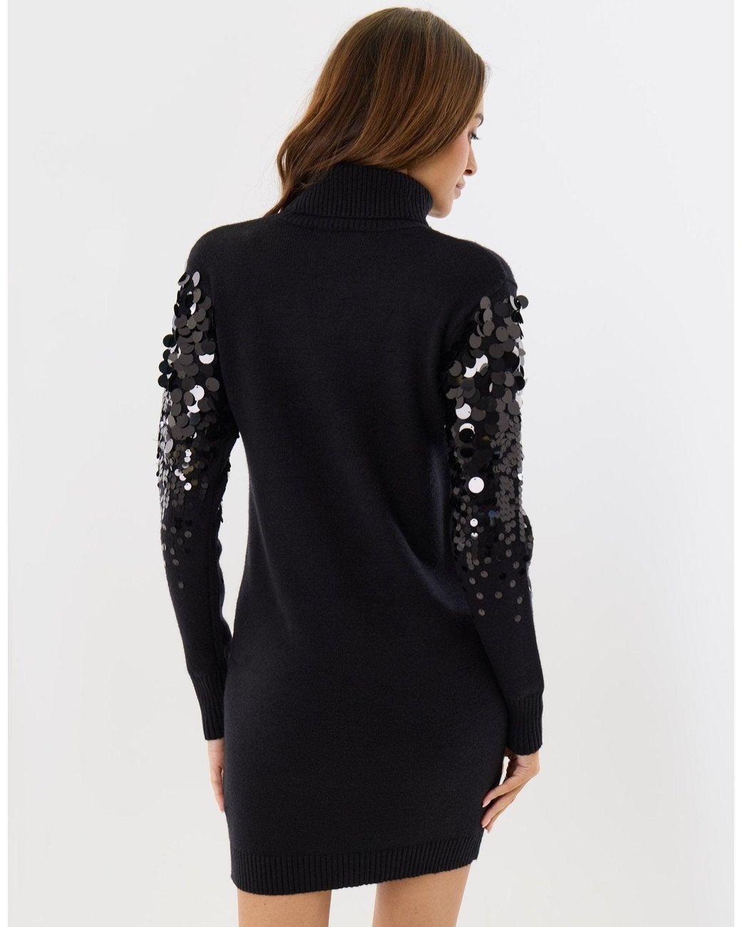 Threadbare Black Funnel Neck Jumper Dress With Sequin Sleeves