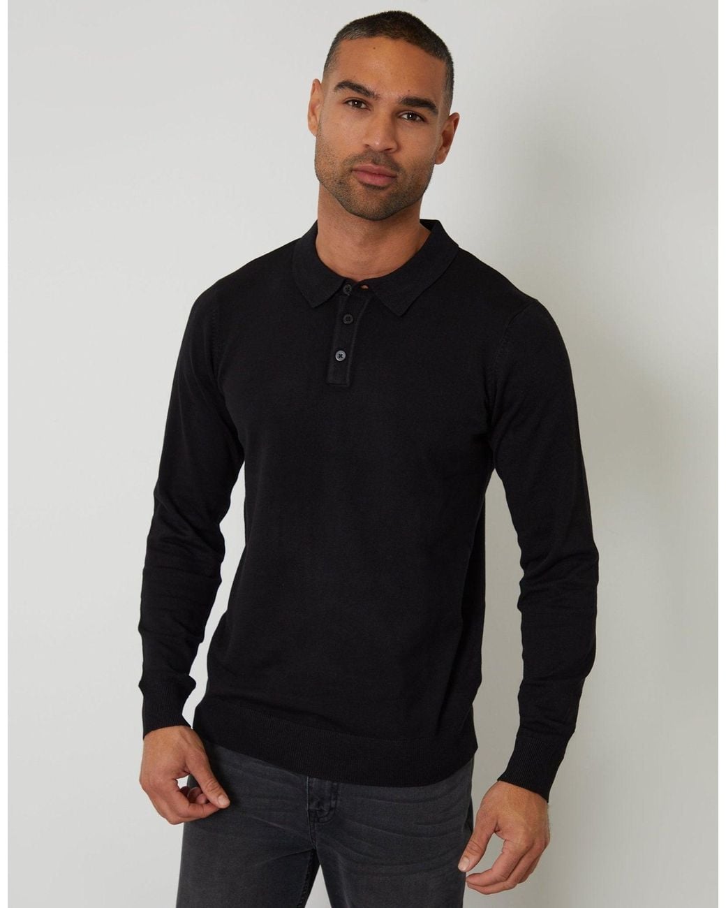 Threadbare Black Knitted Long Sleeve Polo Jumper for men