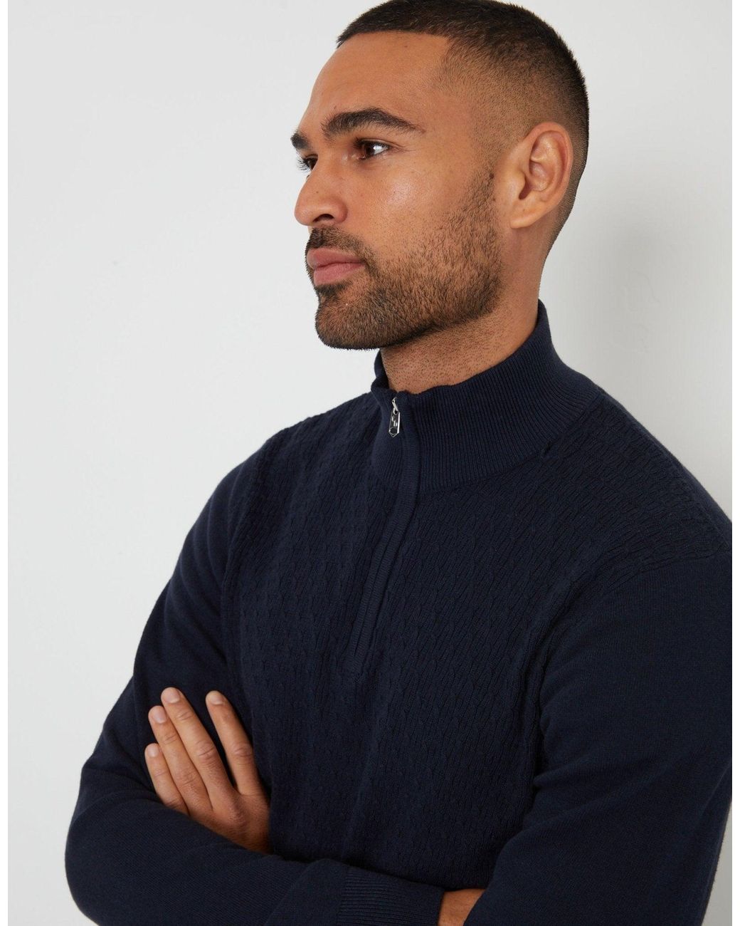 Threadbare Blue Mini Cable Knit Quarter Zip Jumper for men