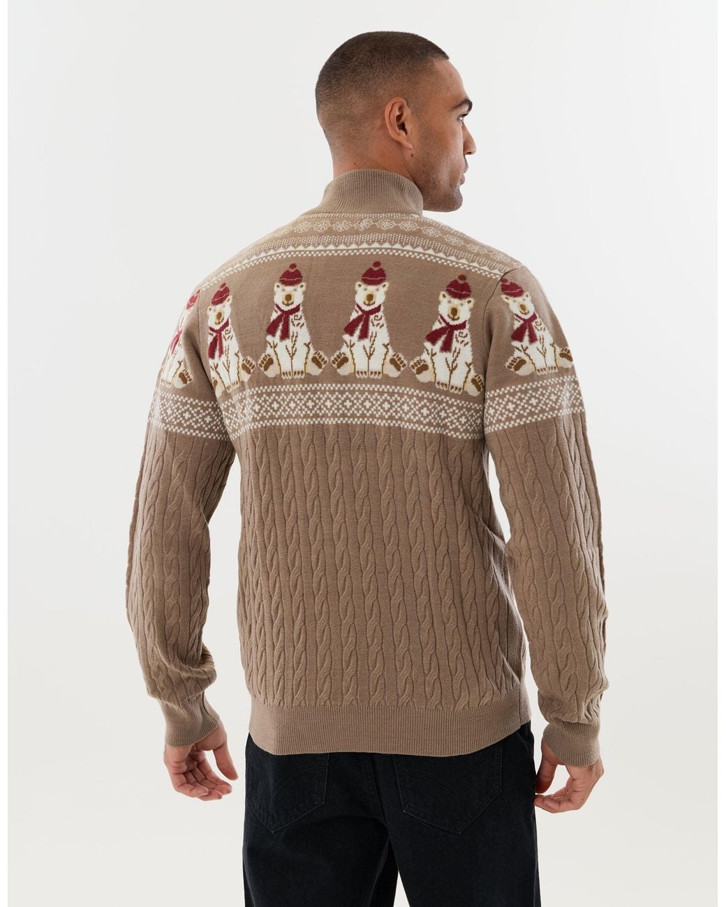 Threadbare Brown Christmas Bear Fairisle Quarter Zip Jumper for men