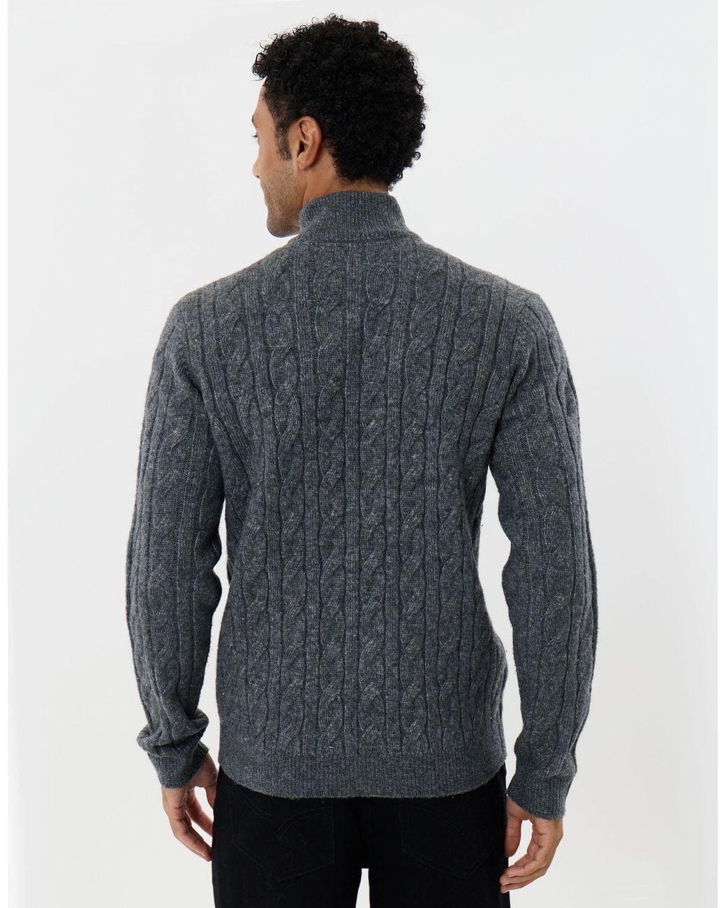 Threadbare Gray Cable Knit Quarter Zip Jumper for men