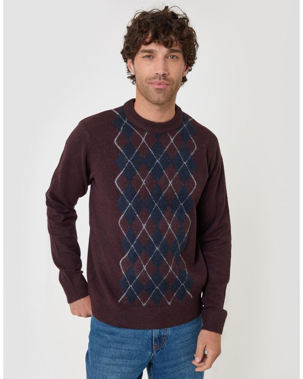 Threadbare Blue Argyle Crew Neck Jumper for men