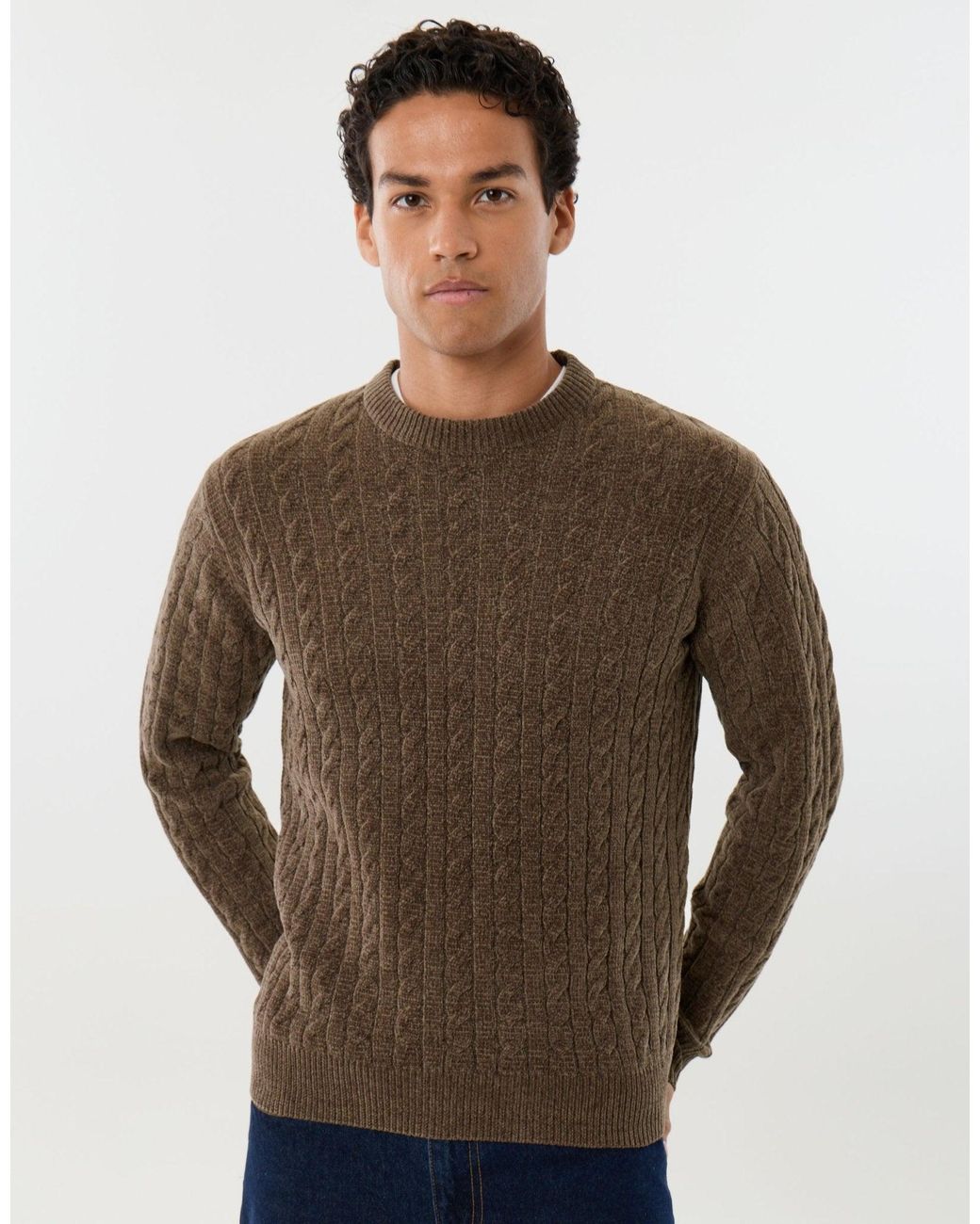Threadbare Brown Fluffy Cable Knit Crew Neck Jumper for men