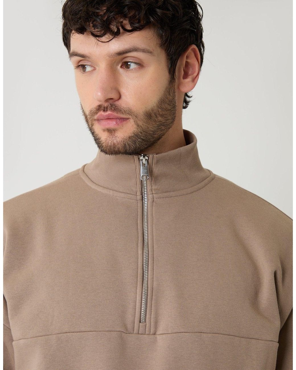 Threadbare Natural Relaxed Fit Half Zip Sweatshirt for men
