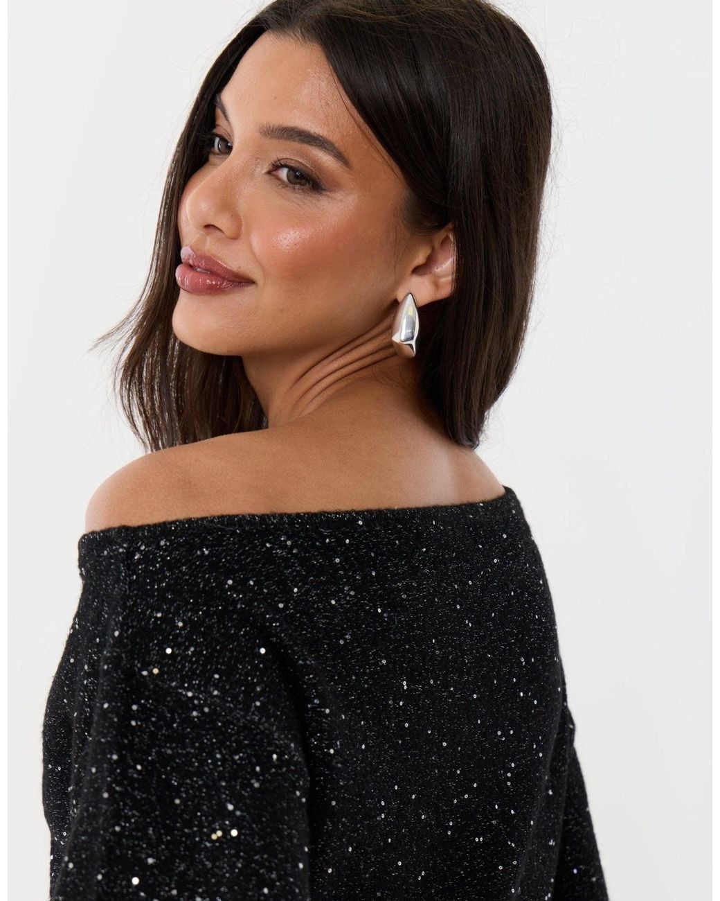 Threadbare Black Knitted Sequin Slash Neck Jumper