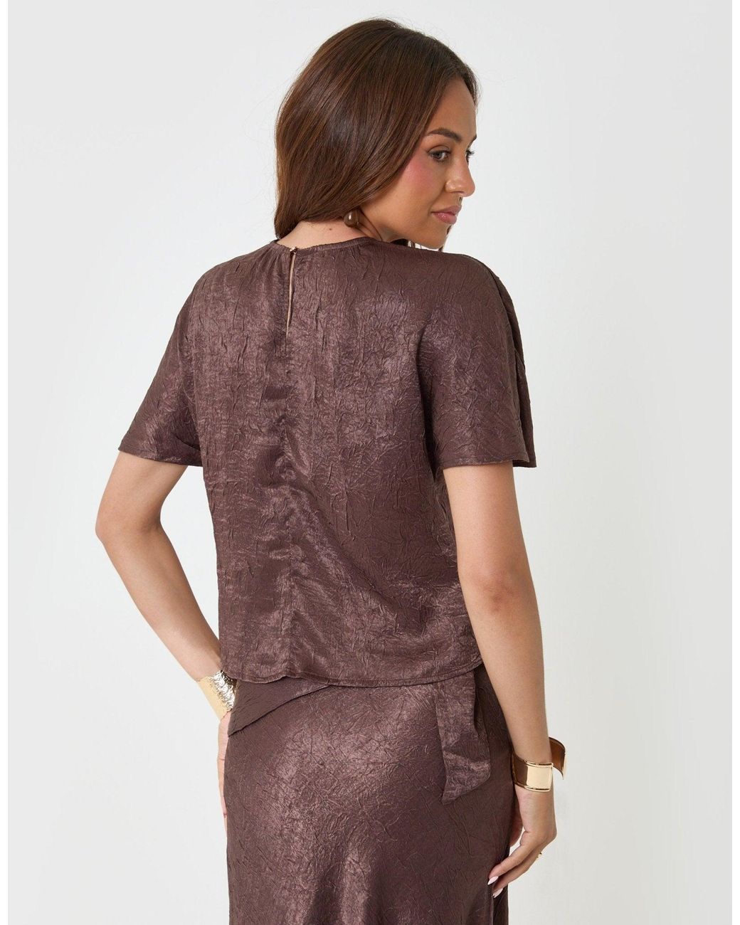 Threadbare Brown Crinkle Satin Batwing Top
