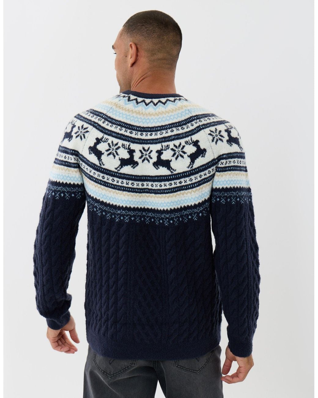 Threadbare Blue Reindeer Fairisle Cable Knit Christmas Jumper for men