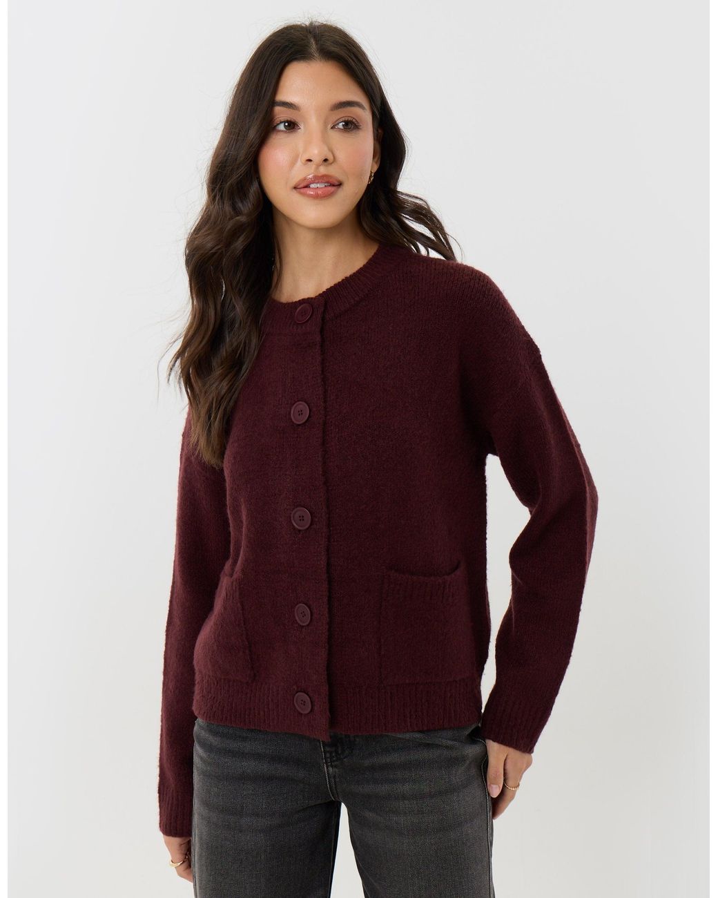 Threadbare Red Pocket Detail Crew Neck Cardigan