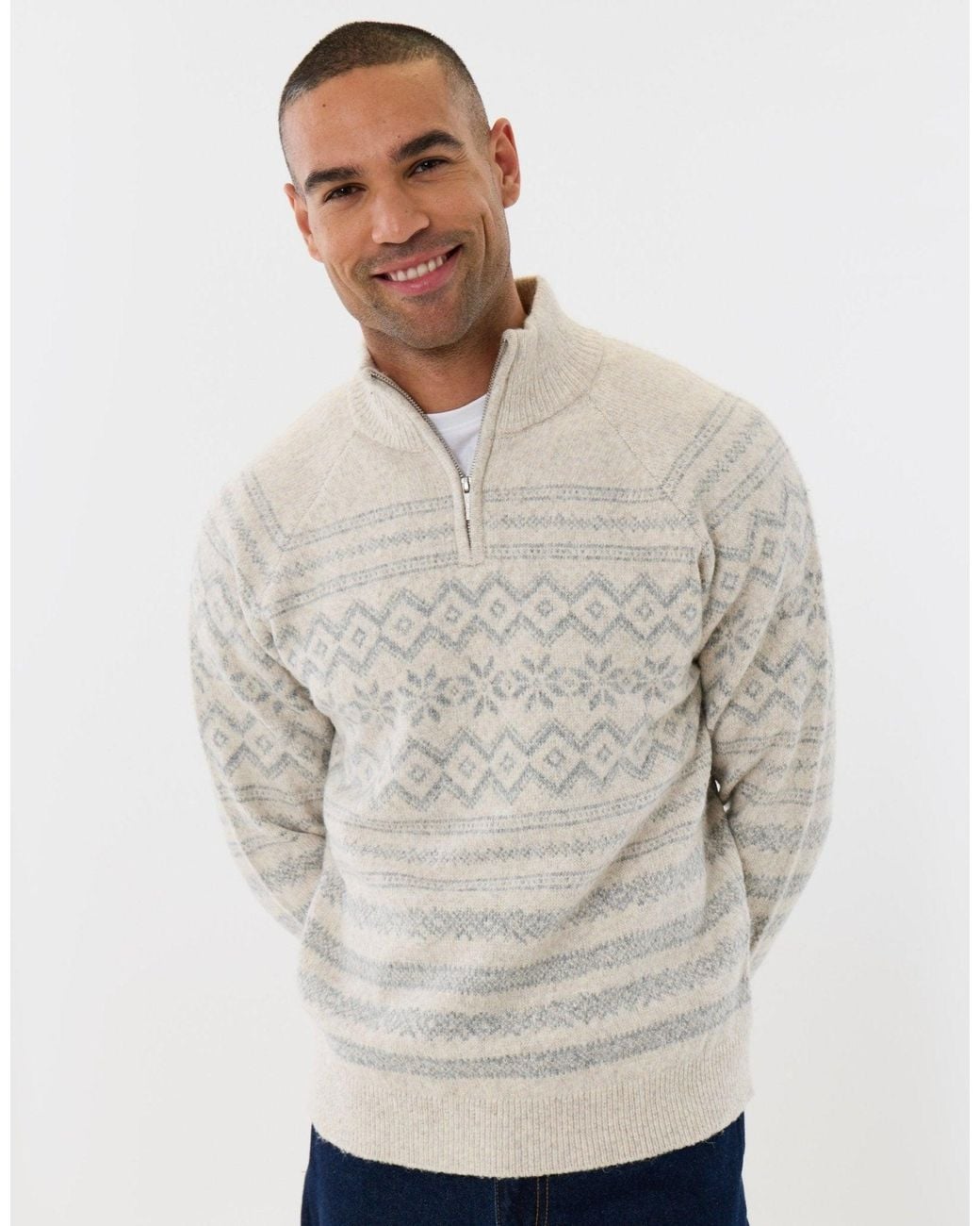 Threadbare Gray Geo Snowflake Quarter Zip Christmas Jumper for men