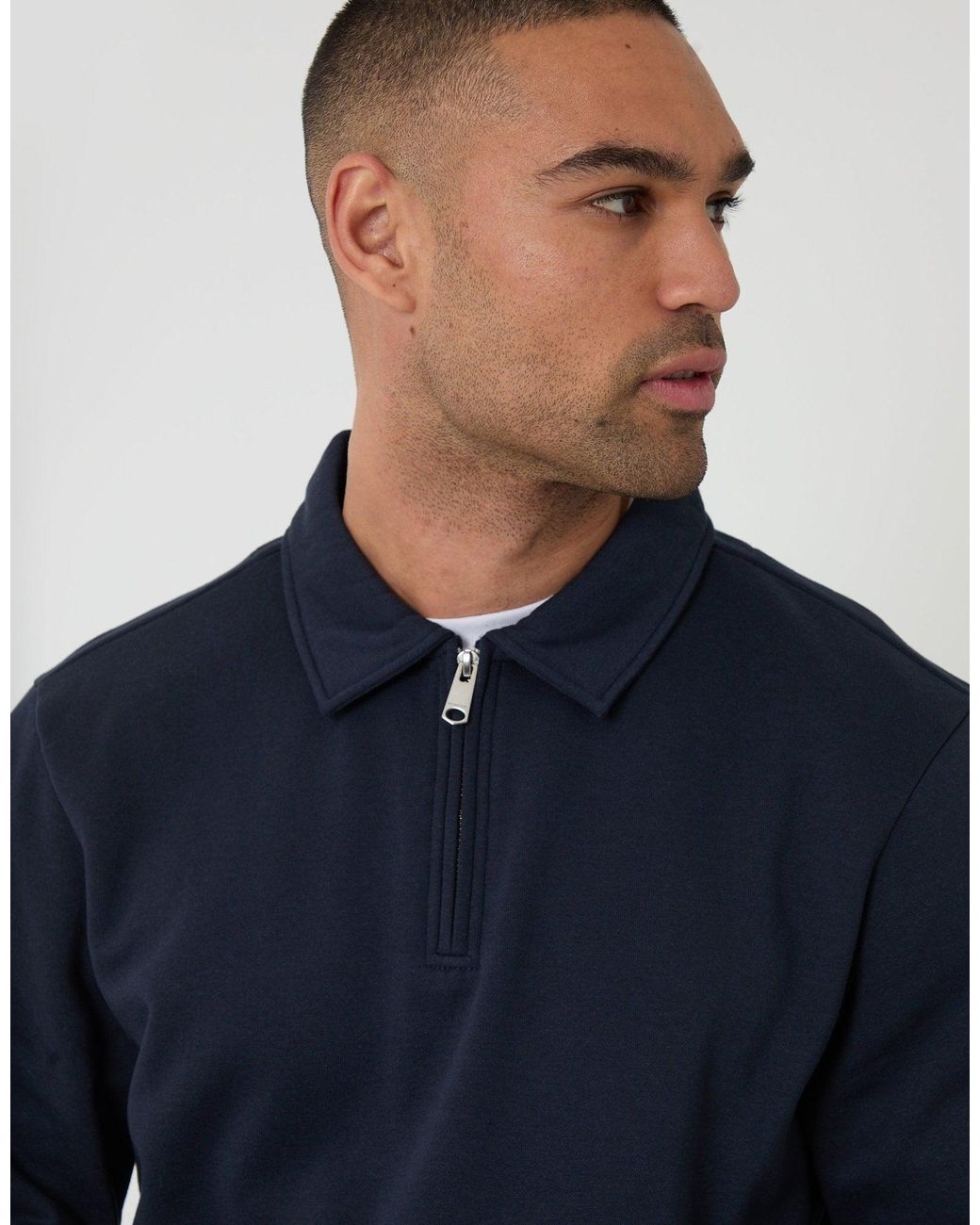 Threadbare Blue Quarter Zip Long Sleeve Polo Sweatshirt for men
