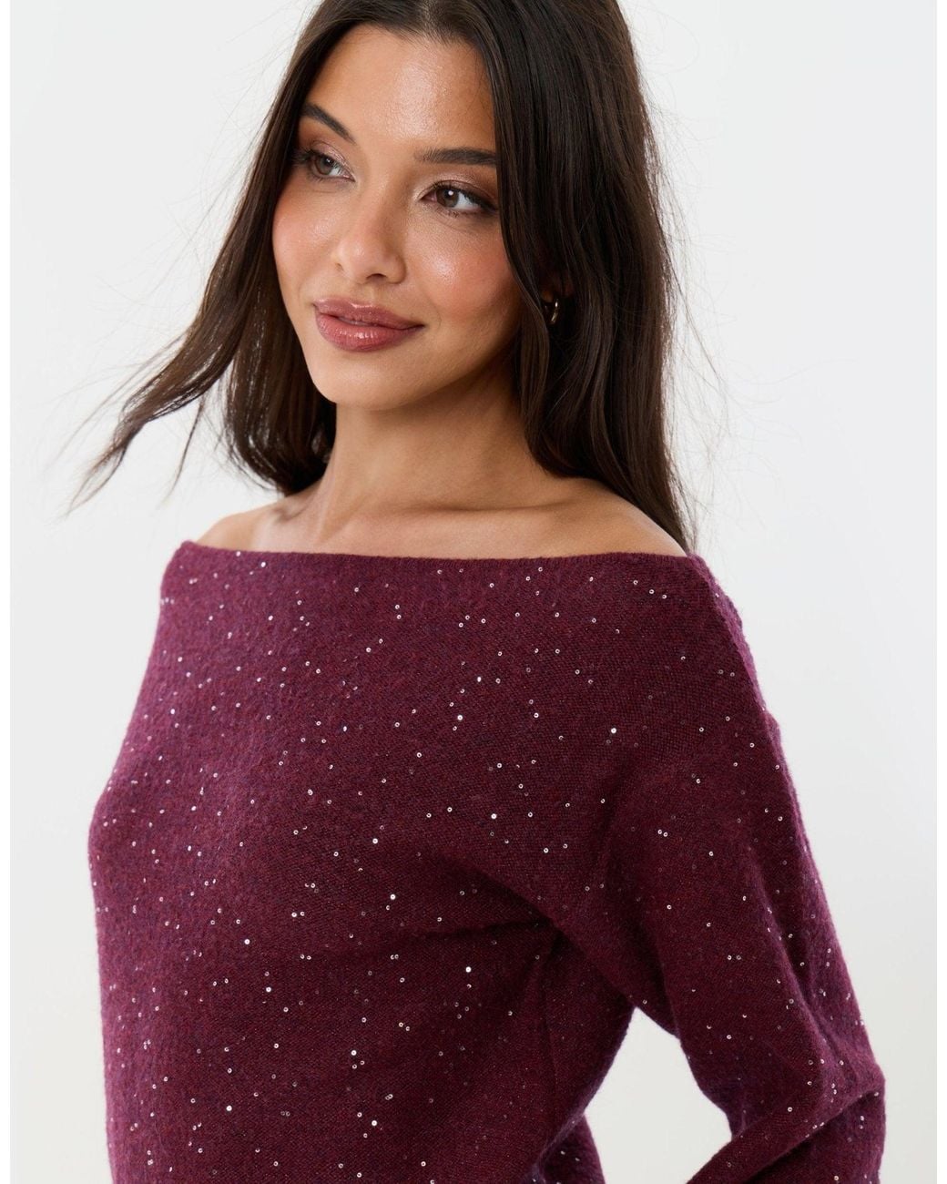 Threadbare Red Knitted Sequin Slash Neck Jumper
