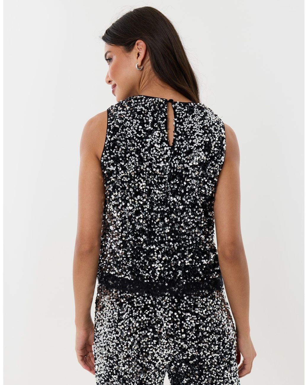 Threadbare Black Sequin Shell Top With Lace Trim