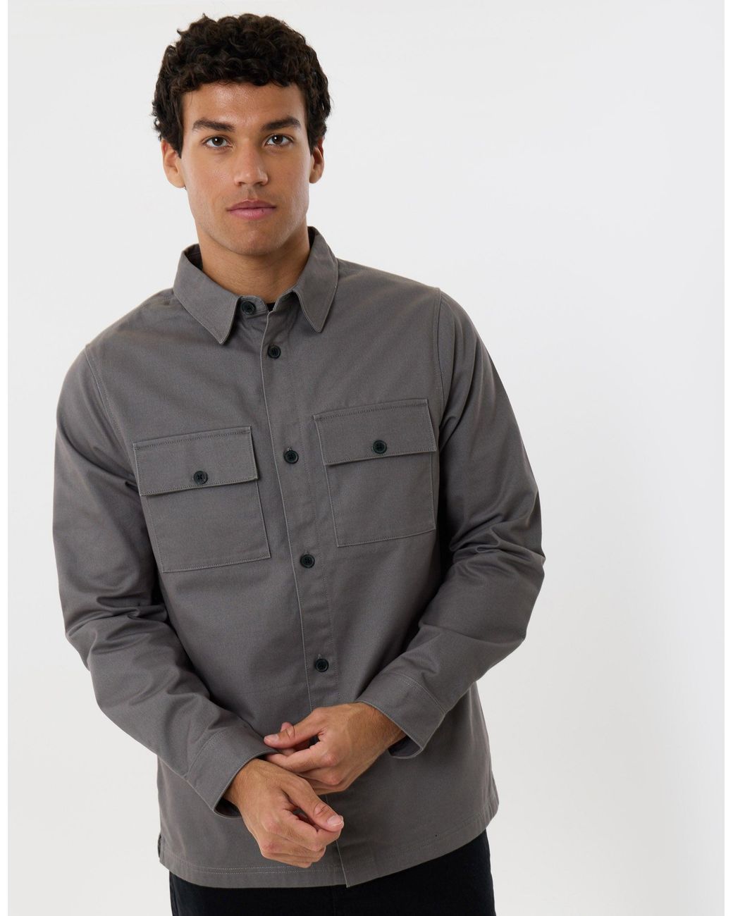 Threadbare Gray Cotton Twill Flannel Lined Shacket for men