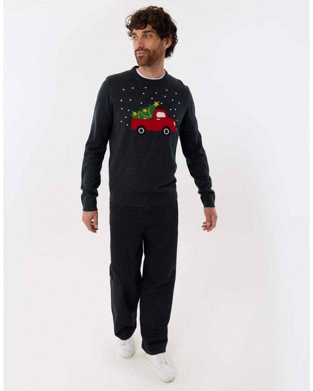 Threadbare Blue Christmas Truck Knitted Crew Neck Jumper for men
