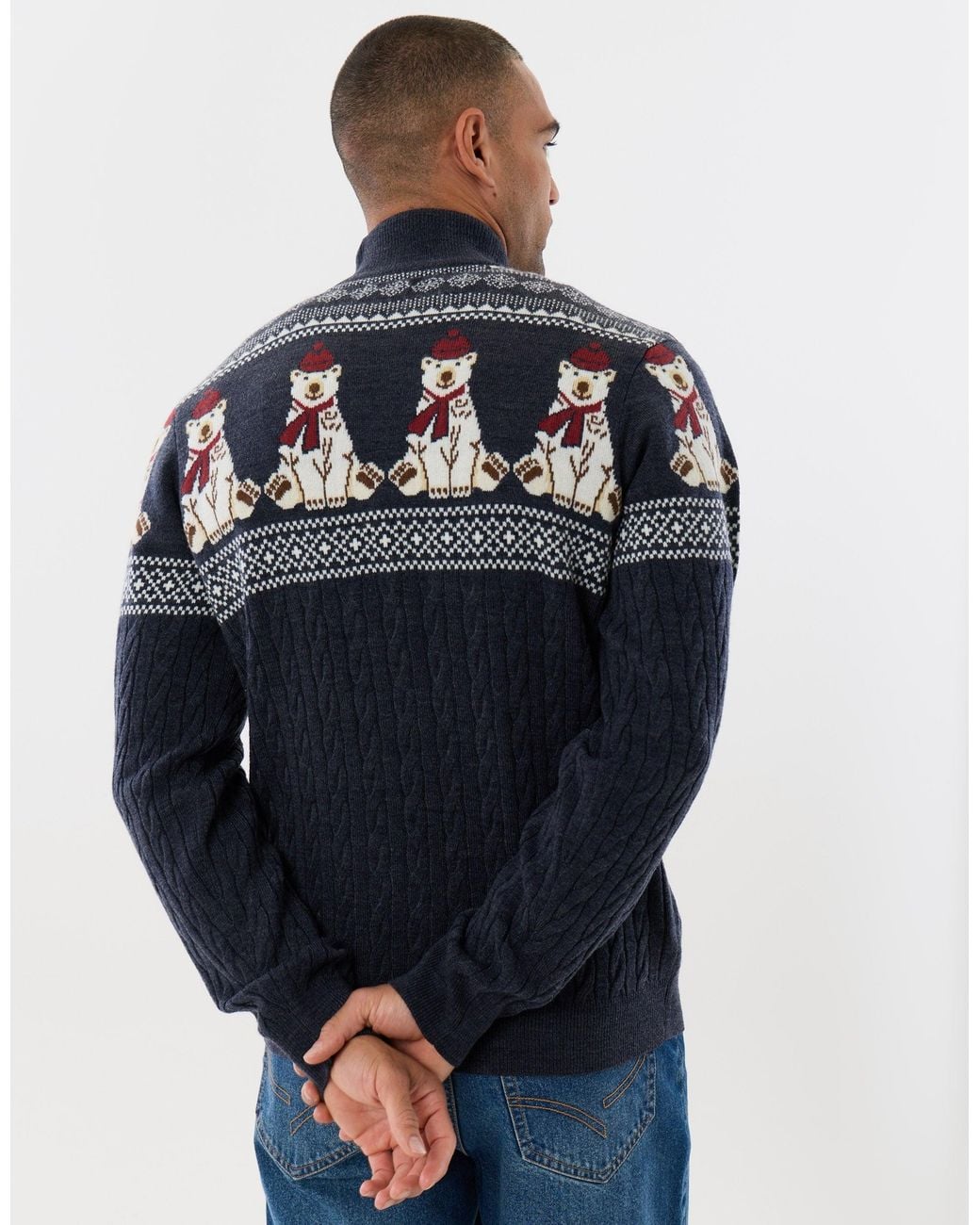 Threadbare Blue Christmas Bear Fairisle Quarter Zip Jumper for men