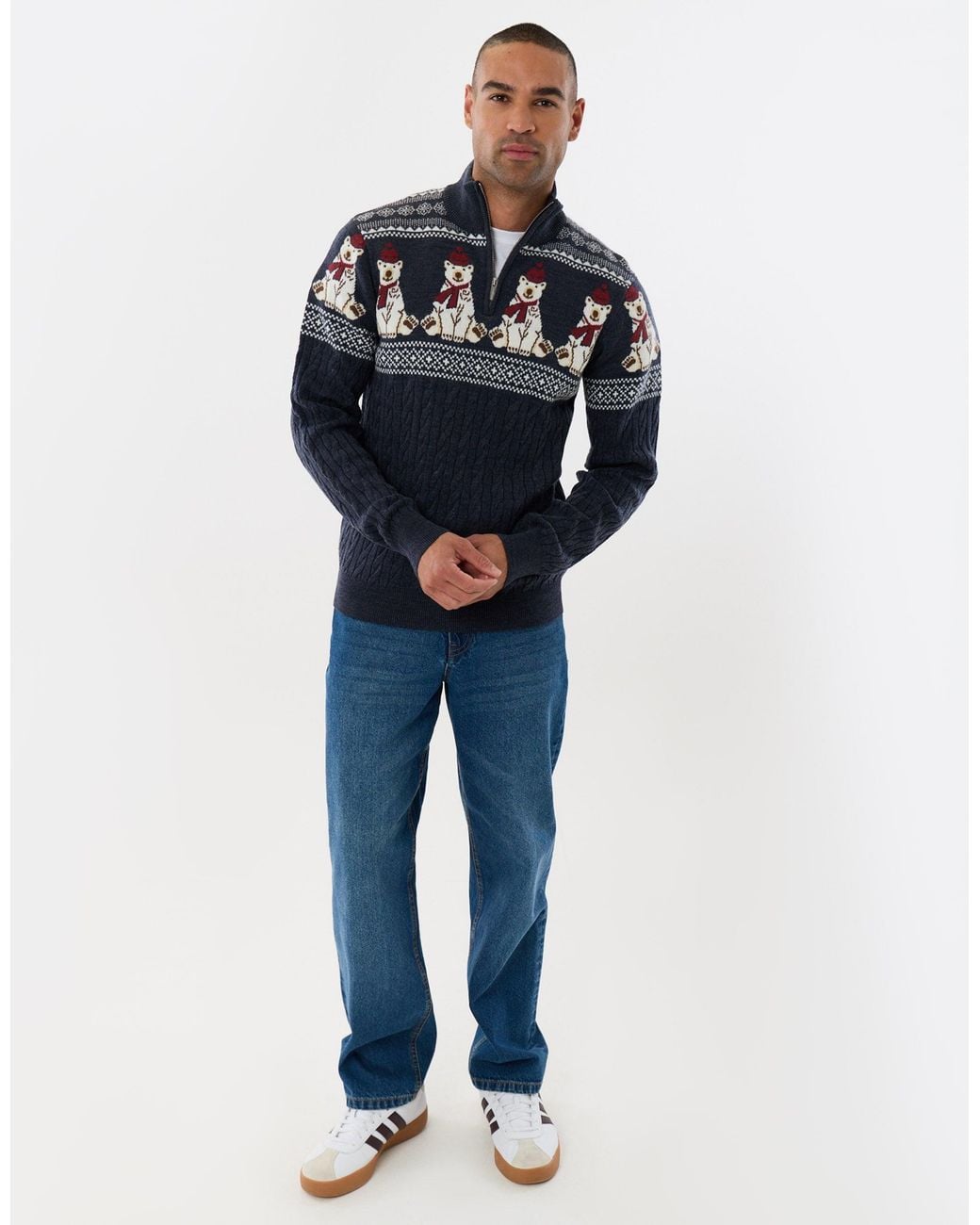 Threadbare Blue Christmas Bear Fairisle Quarter Zip Jumper for men