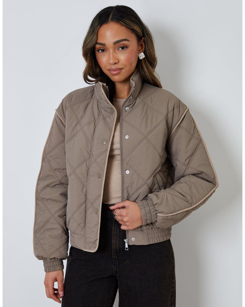 Threadbare Brown Quilted Funnel Neck Bomber Jacket