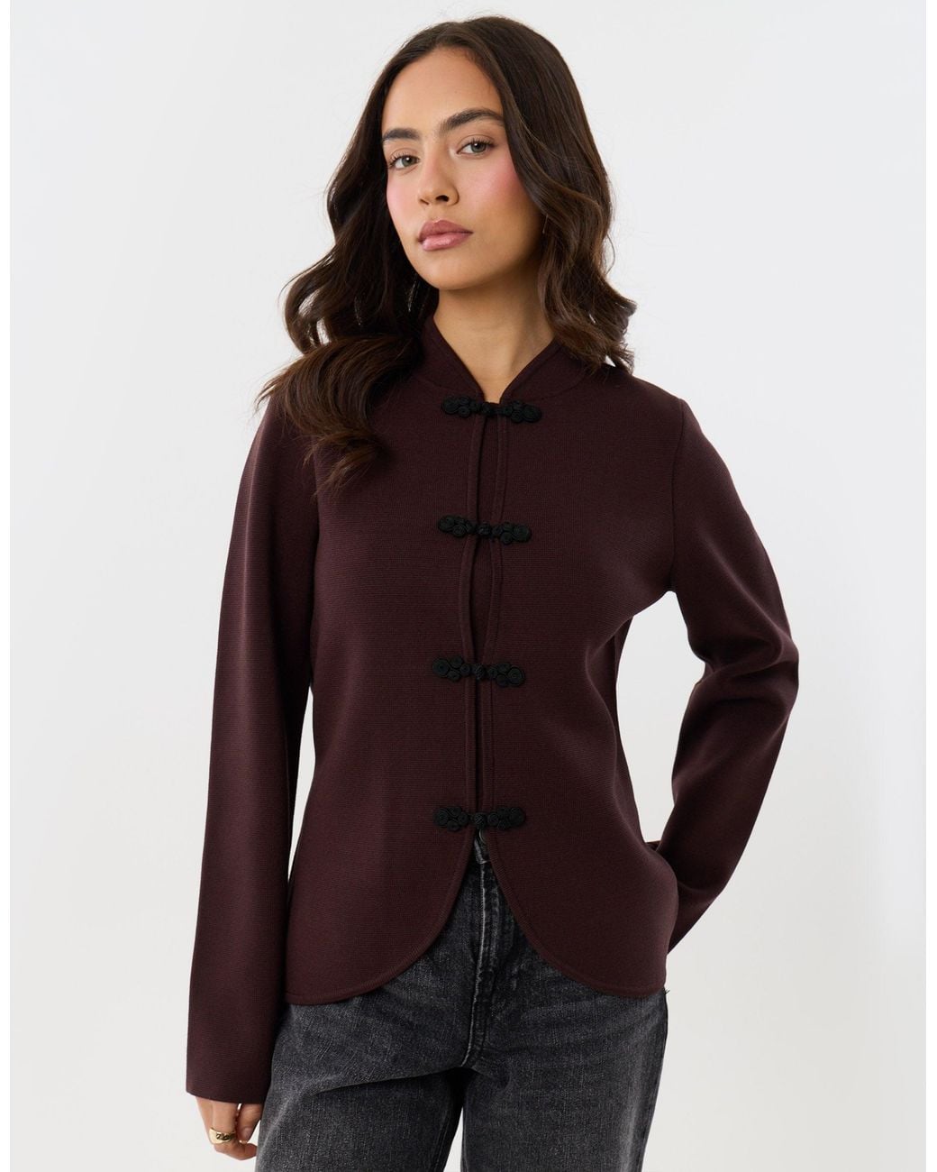 Threadbare Brown Curved Hem Mandarin Style Cardigan