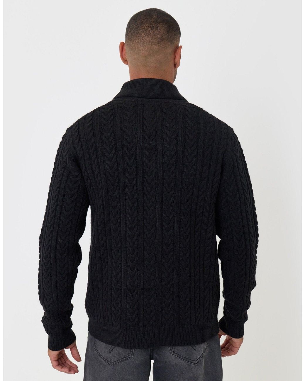 Threadbare Black Cable Knit Shawl Cardigan for men