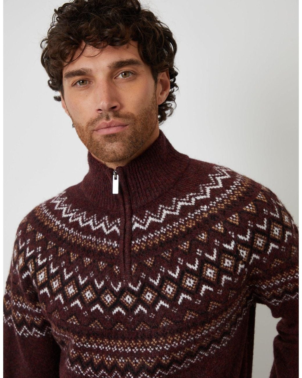 Threadbare Purple Fairisle Quarter Zip Knitted Jumper for men