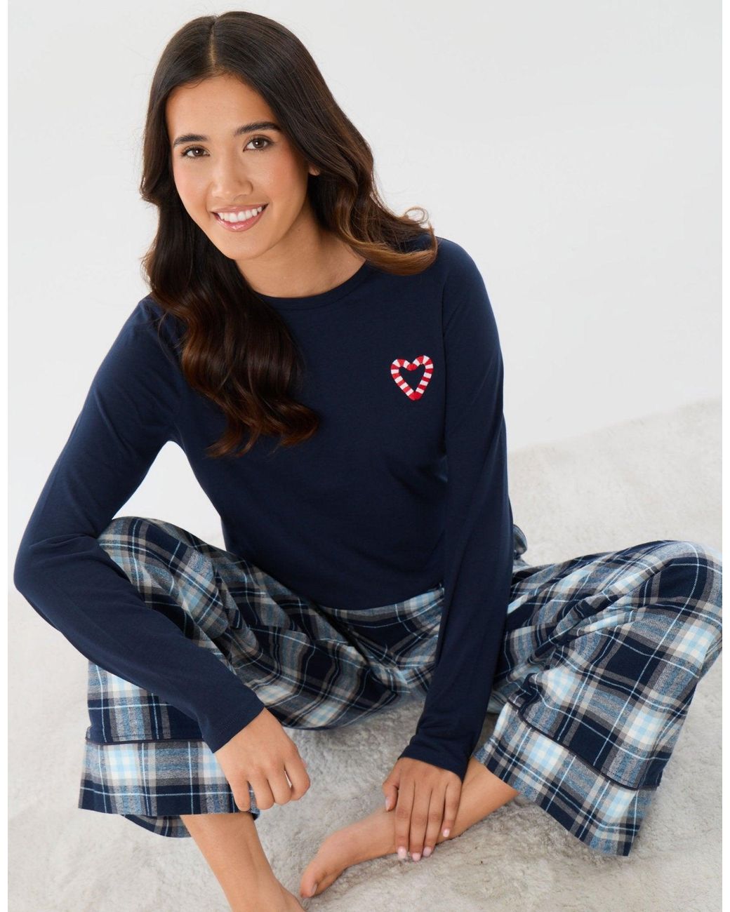 Threadbare Blue Cotton Embroidered Candy Cane Christmas Pyjama Set