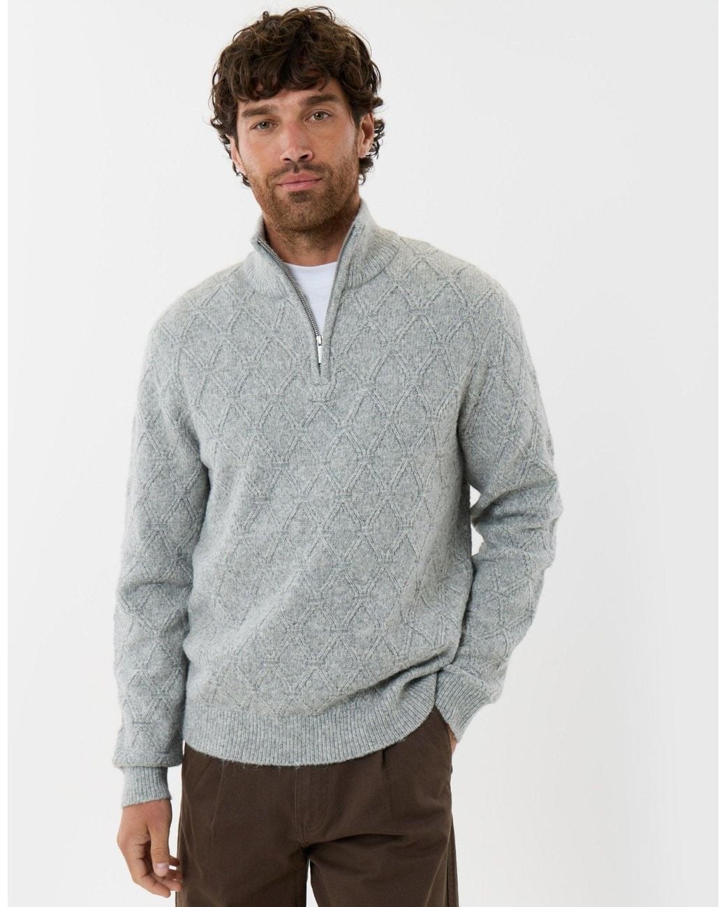 Threadbare Gray Diamond Cable Knit Quarter Zip Jumper for men
