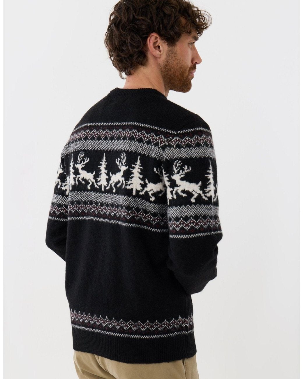 Threadbare Gray Reindeer Forest Fairisle Christmas Jumper for men