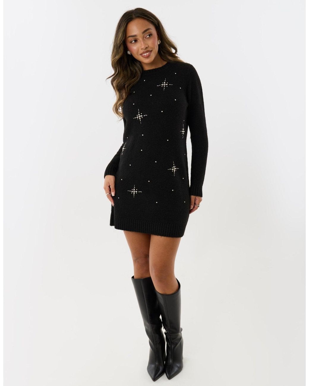 Threadbare Black Petite Star Embellished Knitted Mini Dress