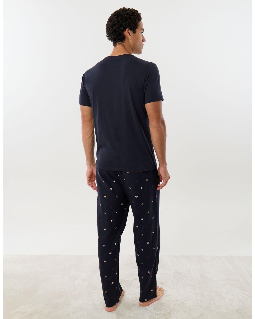 Threadbare Blue Embroidered Christmas Pyjama Set for men