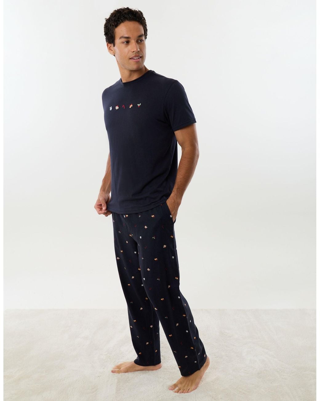 Threadbare Blue Embroidered Christmas Pyjama Set for men