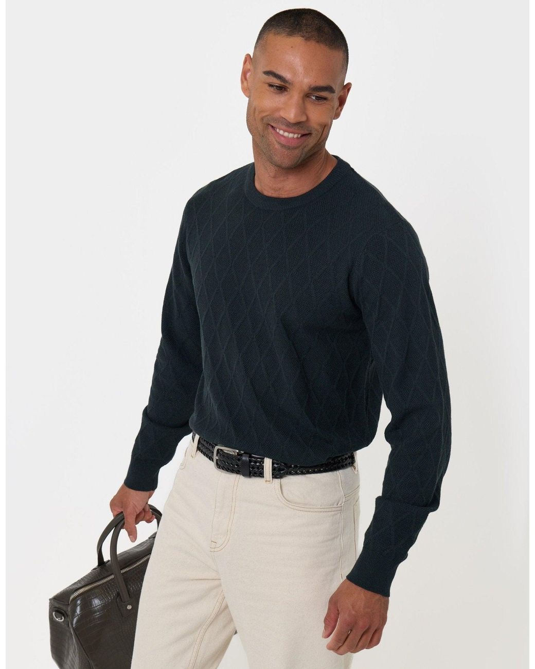 Threadbare Blue Diamond Textured Crew Neck Jumper for men