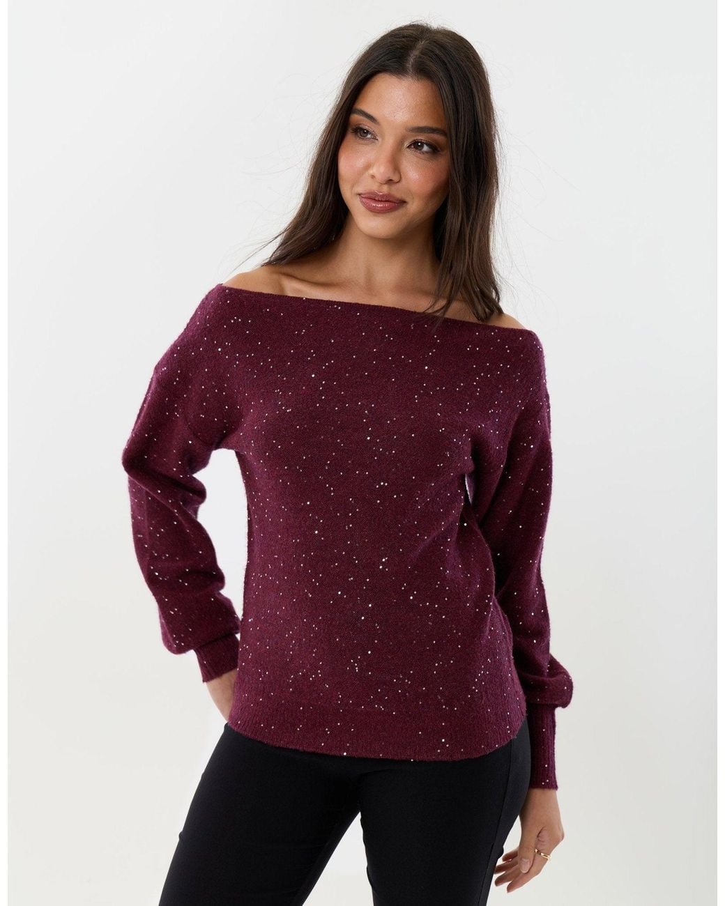 Threadbare Red Knitted Sequin Slash Neck Jumper