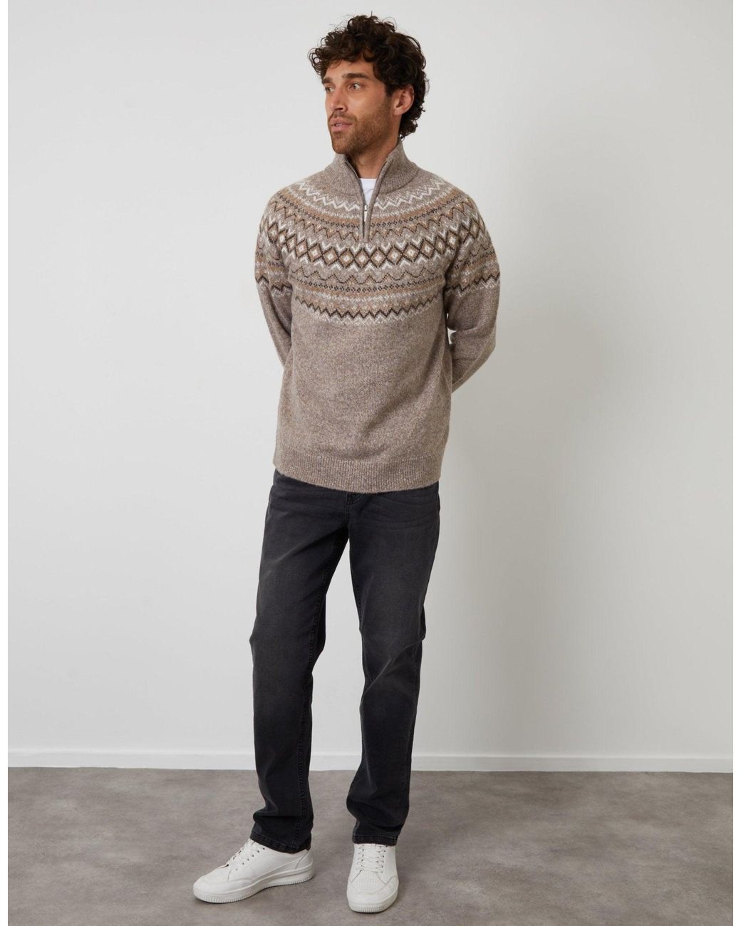 Threadbare Brown Fairisle Quarter Zip Knitted Jumper for men