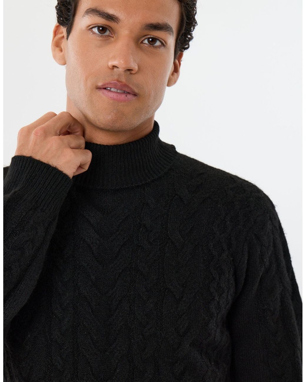 Threadbare Black Cable Knit Roll Neck Jumper for men