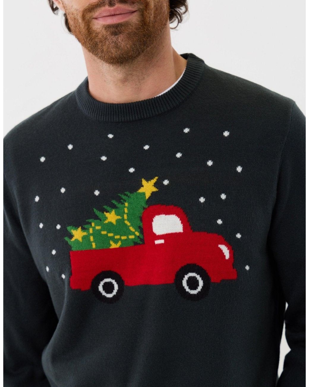 Threadbare Blue Christmas Truck Knitted Crew Neck Jumper for men