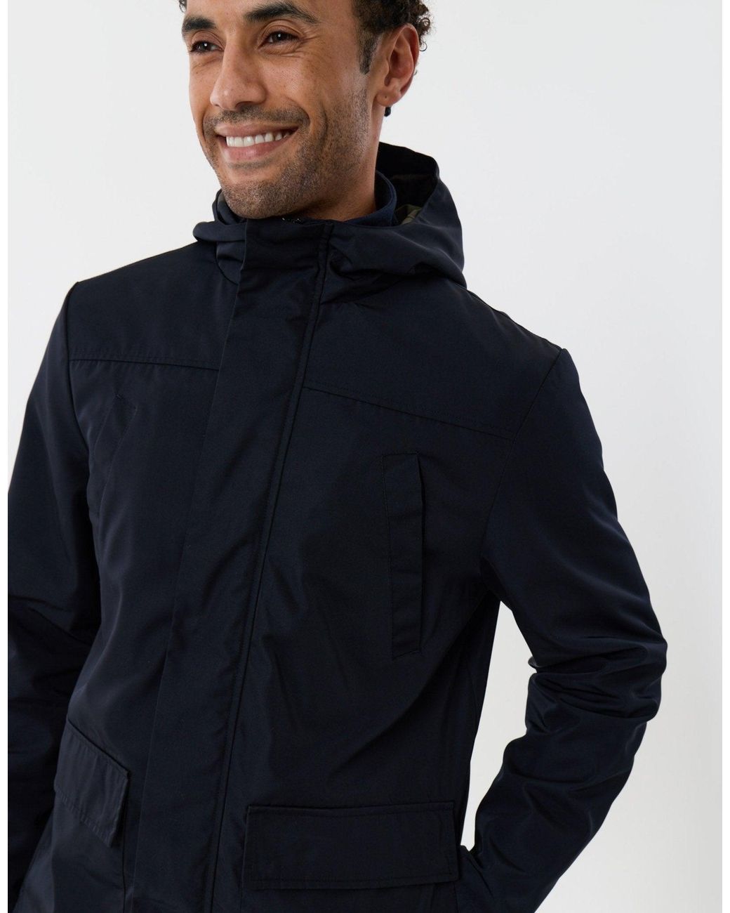Threadbare Blue Showerproof Hooded Longline Mac With Patch Pockets for men
