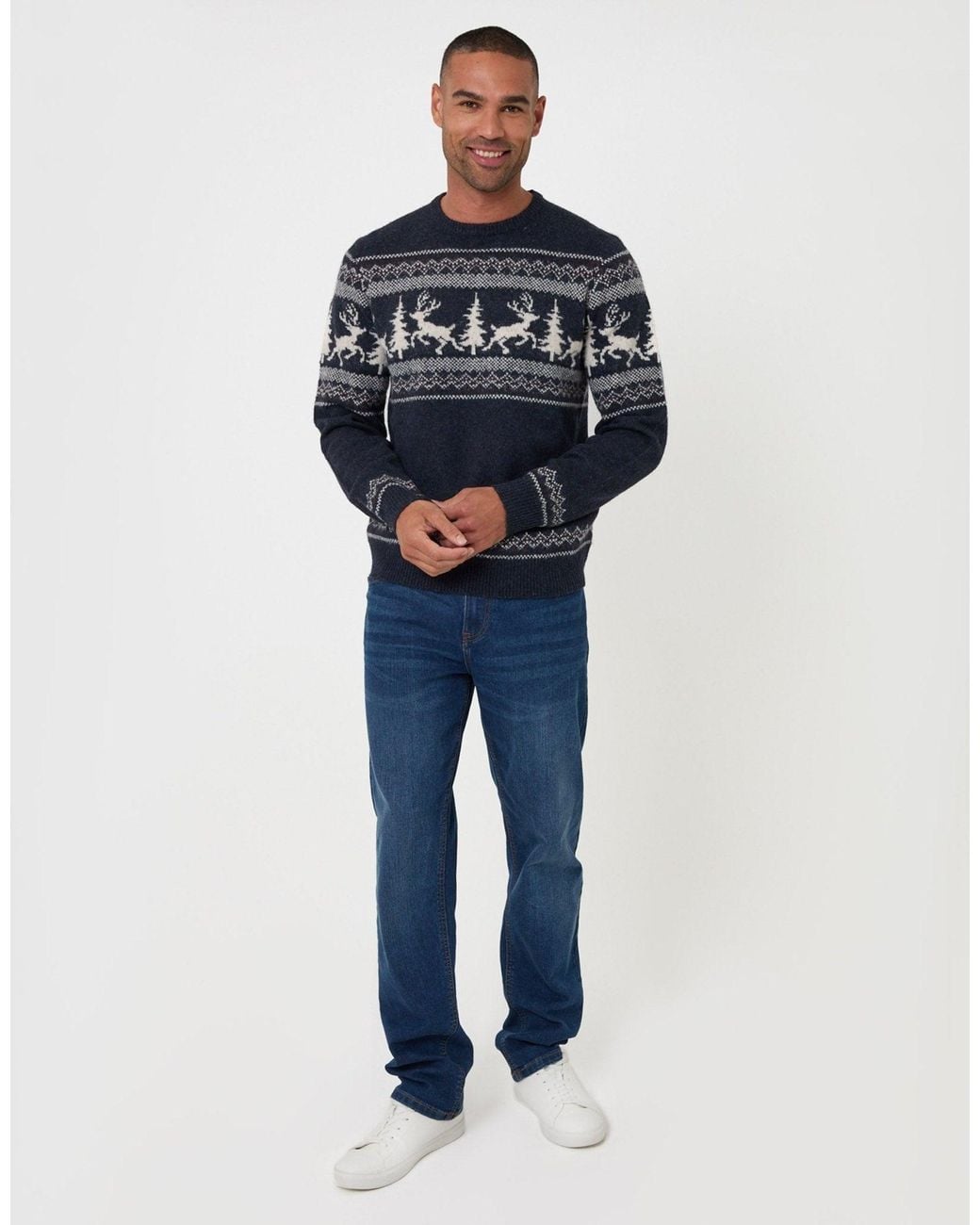 Threadbare Blue Reindeer Forest Fairisle Christmas Jumper for men