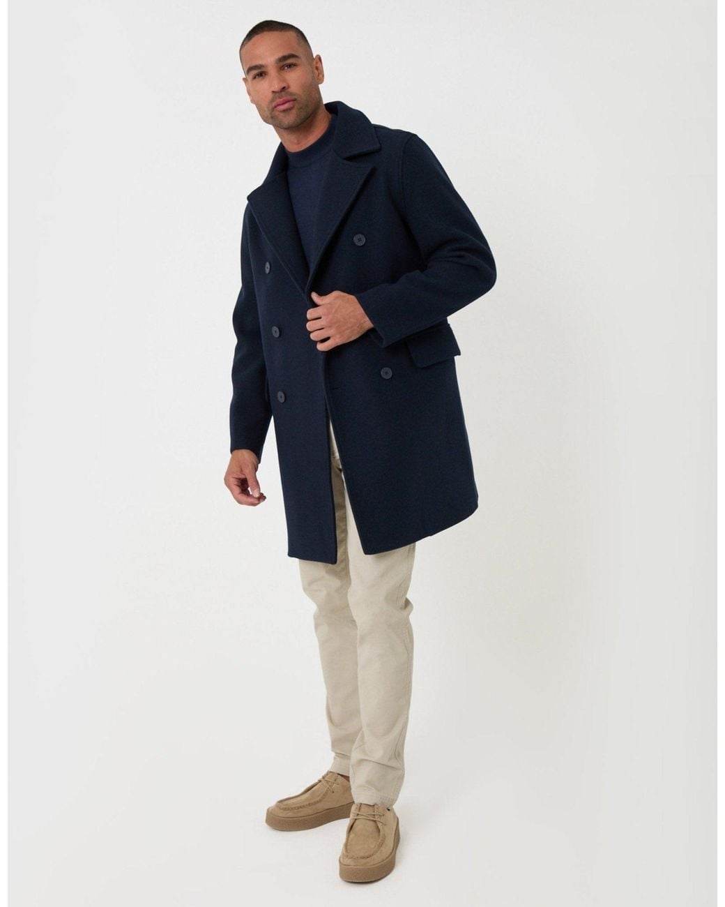 Threadbare Blue Faux Wool Double Breasted Trench Coat for men