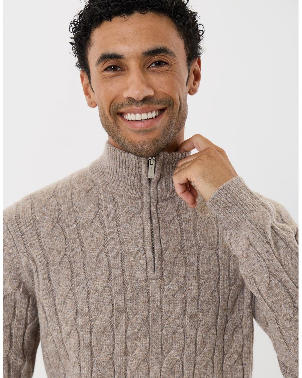 Threadbare Natural Cable Knit Quarter Zip Jumper for men