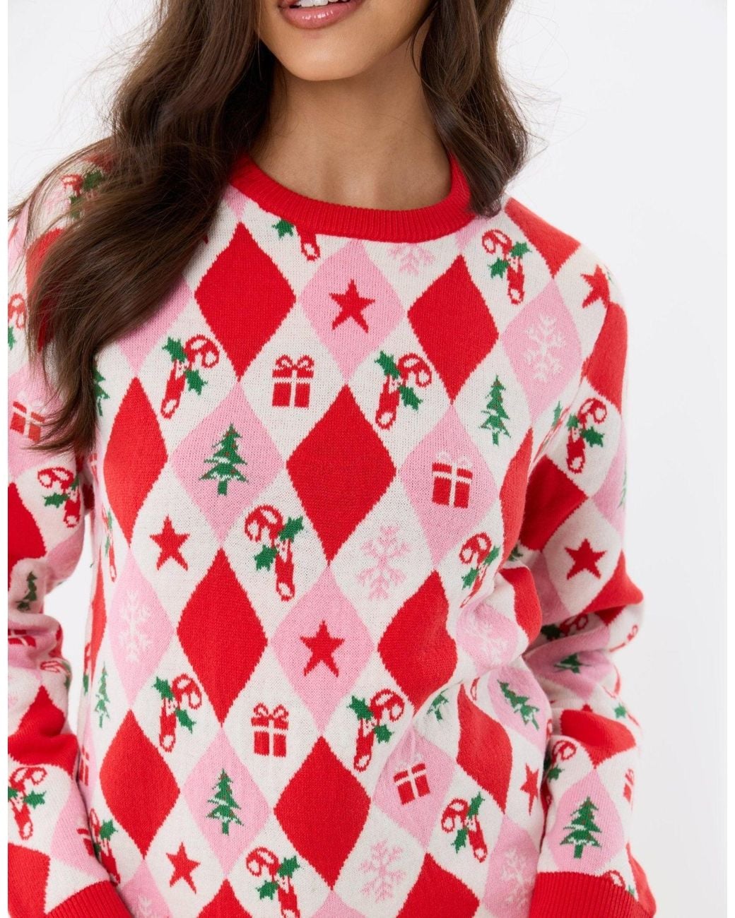 Threadbare Red Festive Argyle Knitted Christmas Jumper