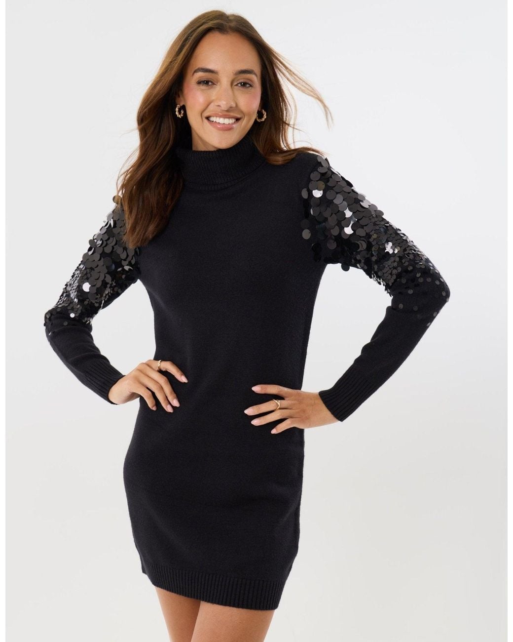 Threadbare Black Funnel Neck Jumper Dress With Sequin Sleeves